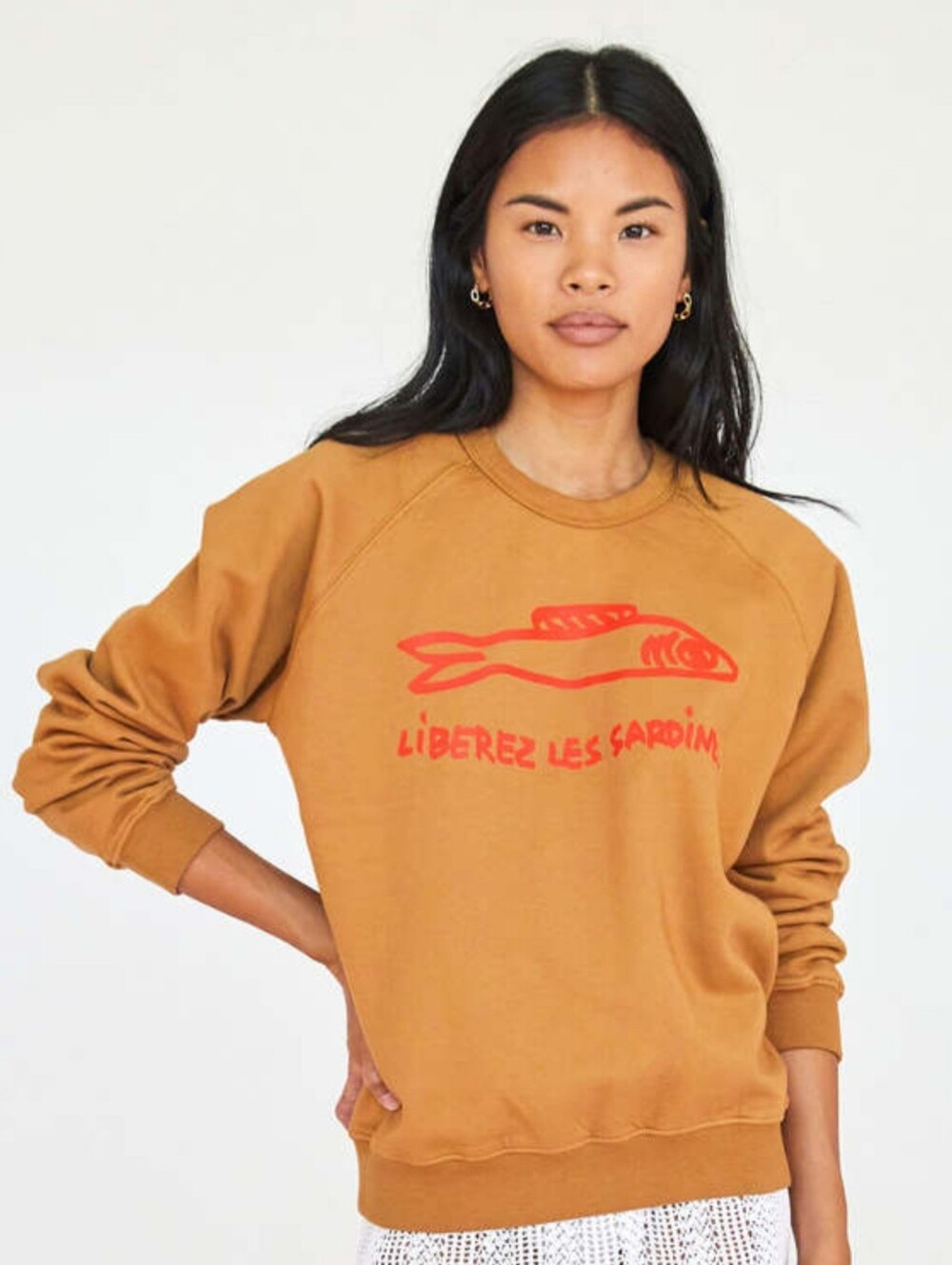 Clare V. Liberez Les Sardines Sweatshirt Camel Tan Crewneck Size S